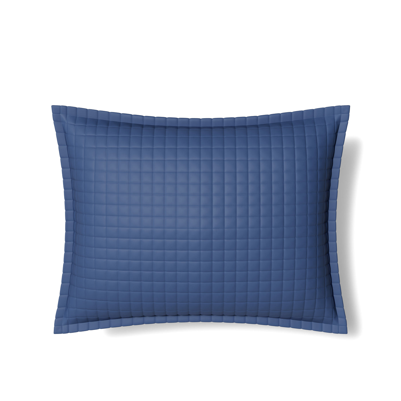 Ann Gish navy blue quilted sham with grid stitching pattern and flanged border.