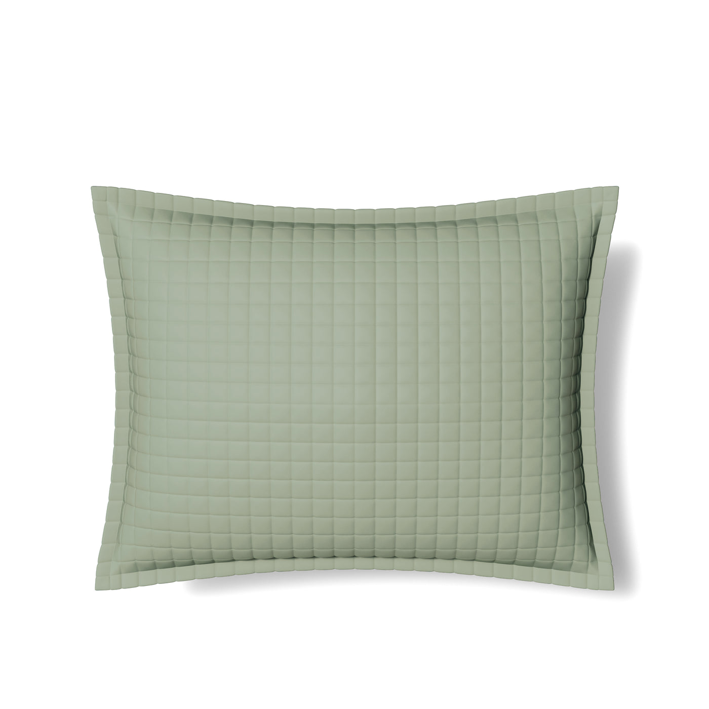 Sage green quilted sham with grid stitching and flanged border, angled view.