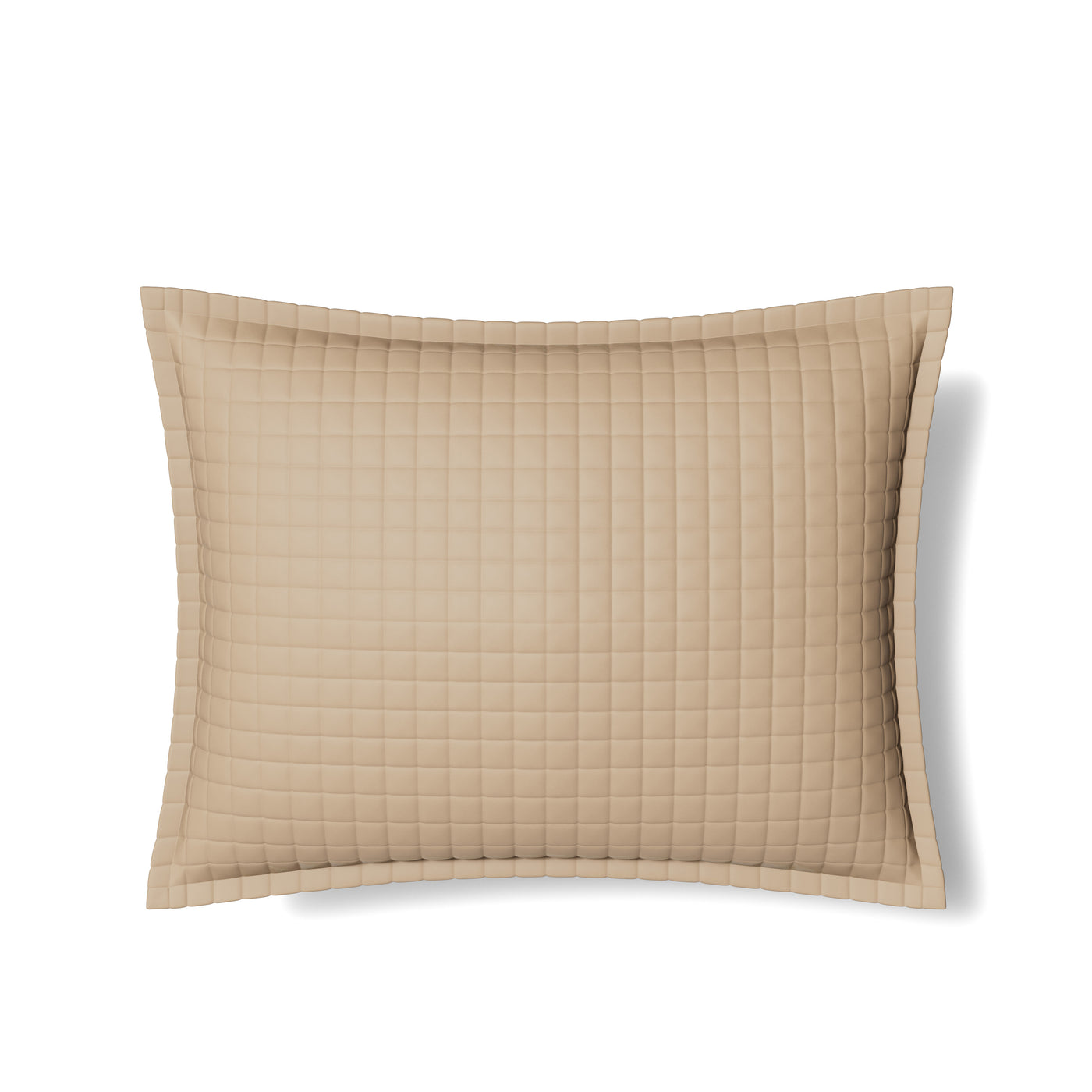 Reverse side of Ann Gish quilted sham in taupe with grid-stitched square pattern.