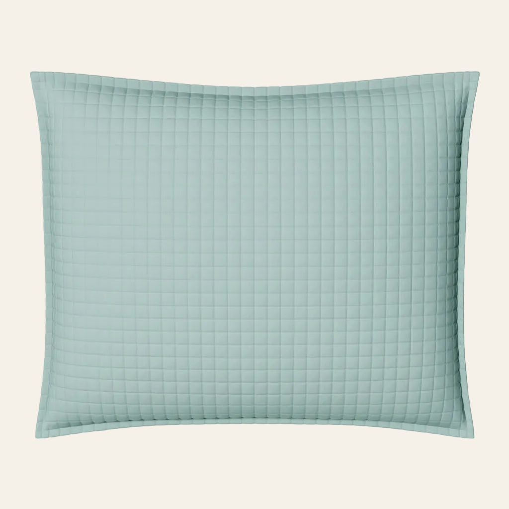 Ann Gish Ready-to-Bed 2.0 quilted pillow sham in sage with grid-stitched texture.