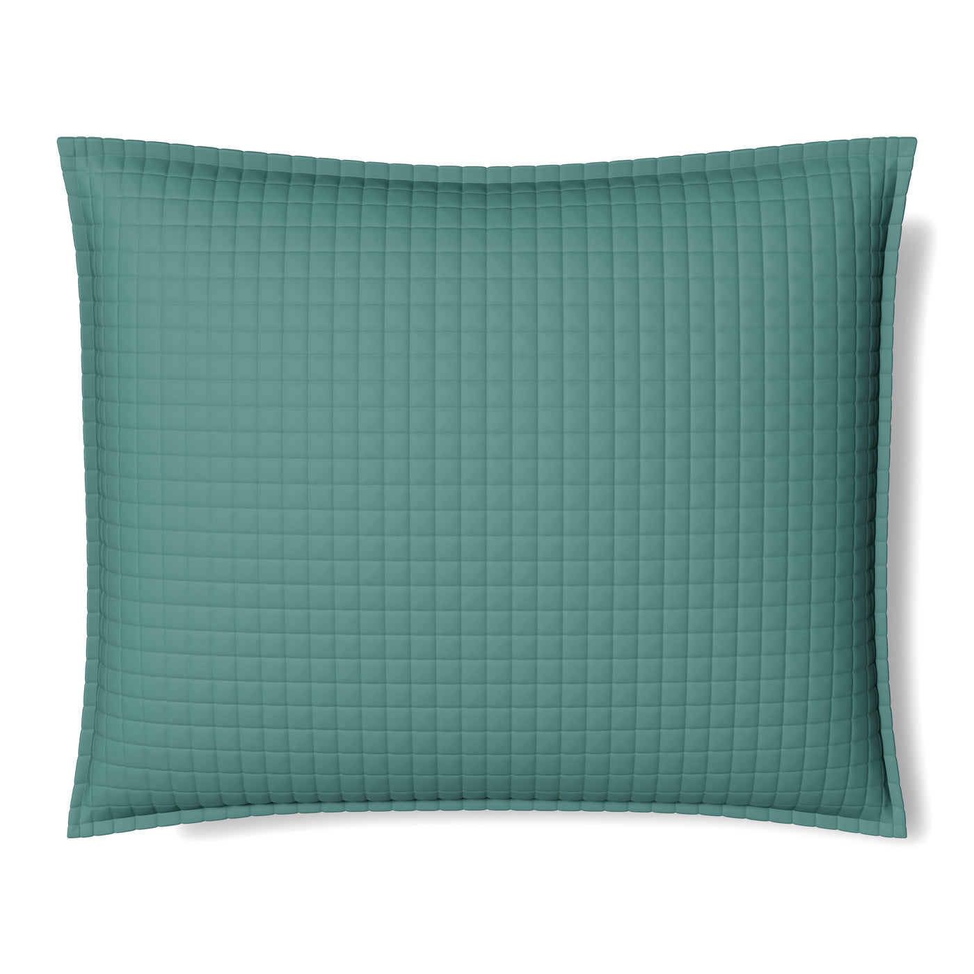 Ann Gish quilted pillow in teal with grid-stitched texture, white background.
