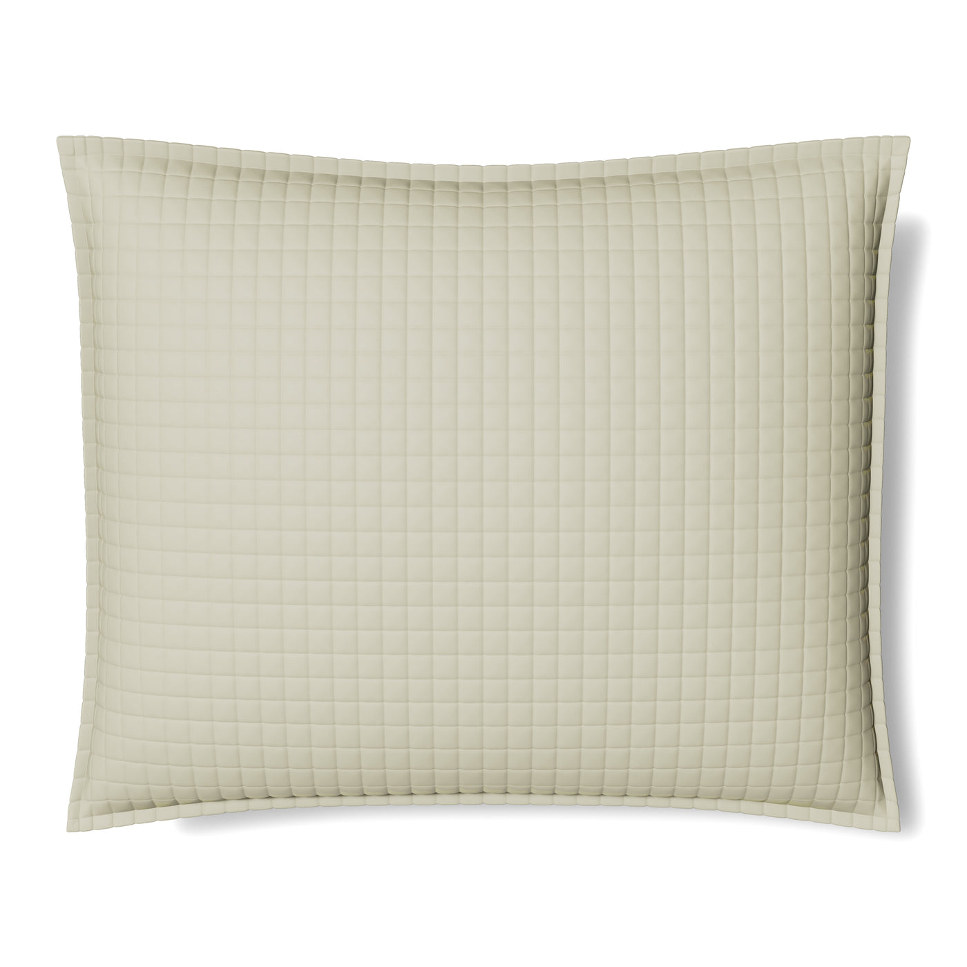 Sage quilted pillow sham with grid stitching and flanged border, flat lay view.