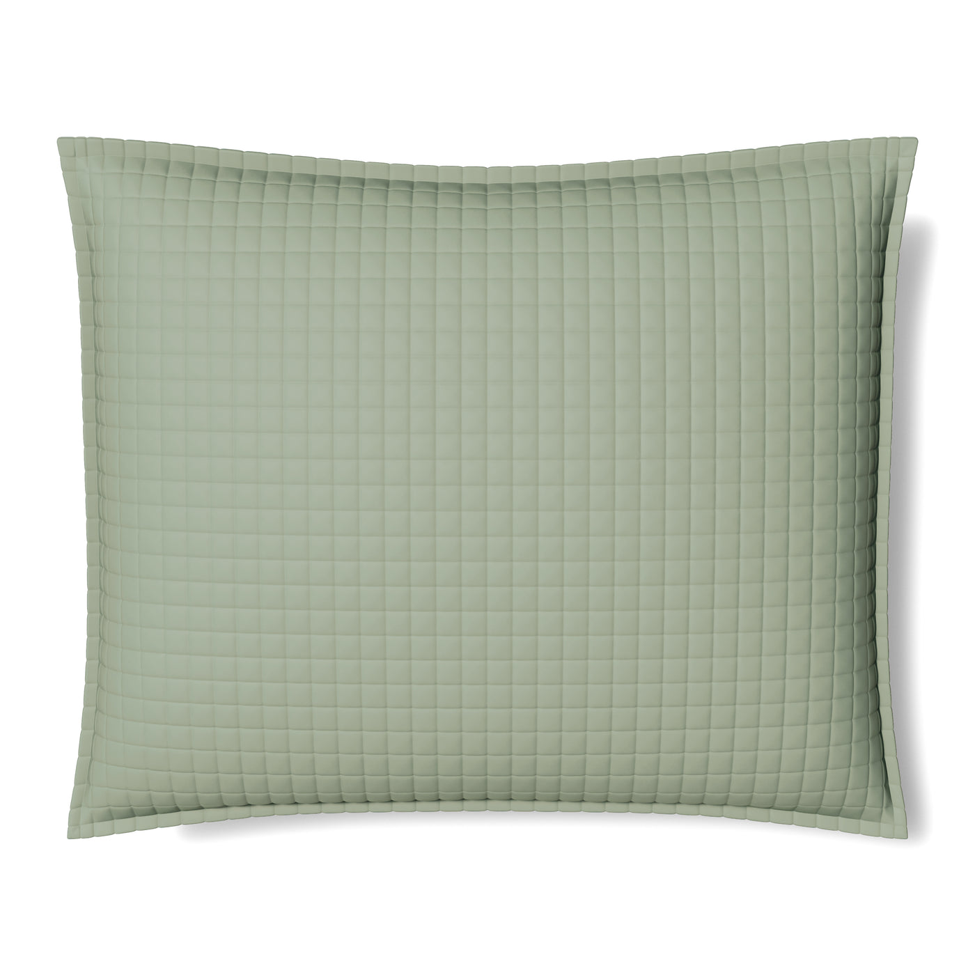 Sage green quilted pillow sham with grid stitching pattern and knife-edge border.