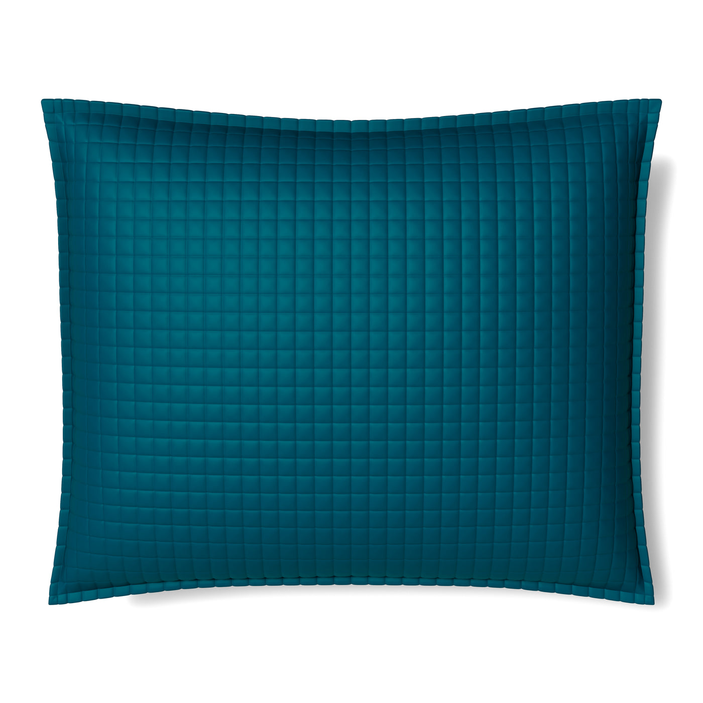 Ann Gish teal quilted pillow sham with grid stitching pattern and flanged border.