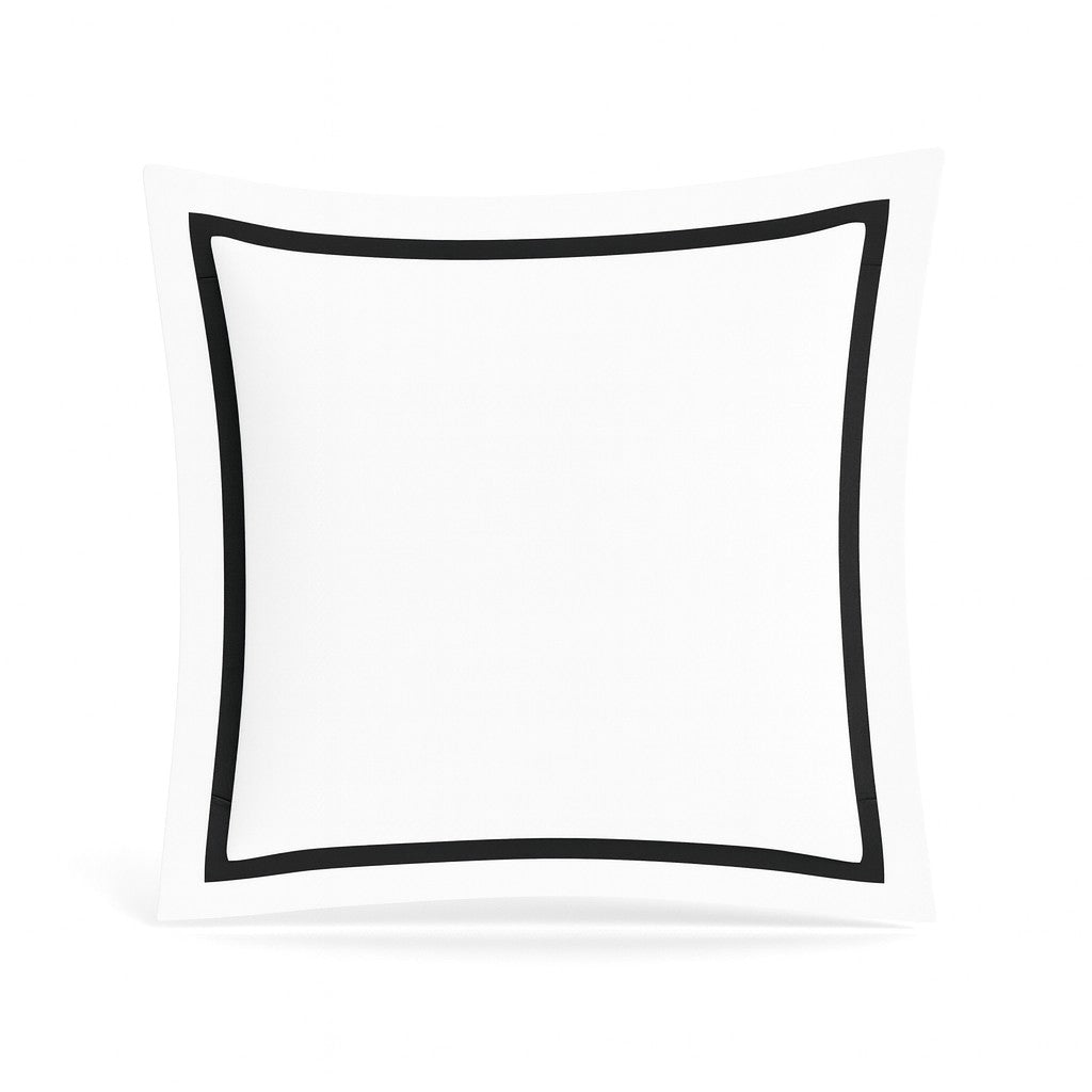 White cotton sham with bold black double-border trim, square format, on white background.