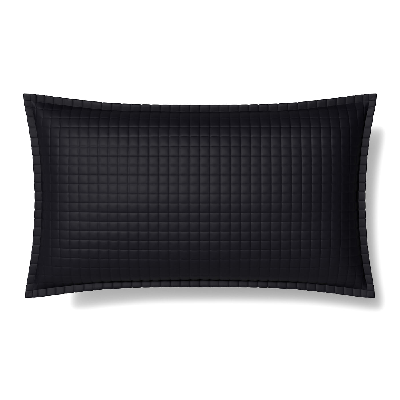 Onyx quilted sham with grid stitching and flanged border, flat lay view.
