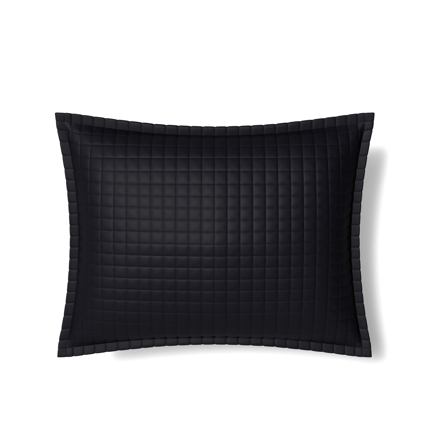 Ann Gish quilted sham in black with grid-stitched pattern and flanged border.