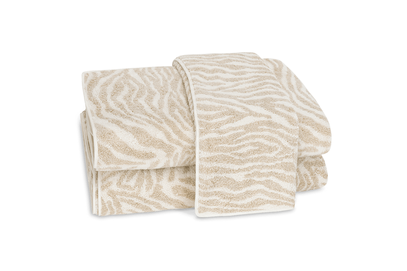 The Regine Guest Towel by Matouk, featuring a beige and white zebra motif, is shown folded against a plain white background.