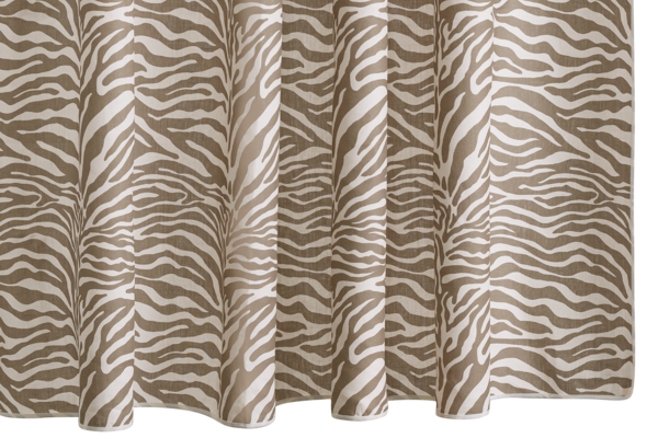 The Matouk Regine Linen Shower Curtain features a brown and white zebra print with a wavy, textured look, crafted from a linen-cotton blend.