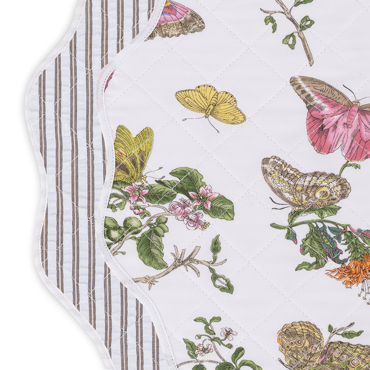 The Matouk Quilted Reversible Placemat Set features scalloped edges, with a butterfly and floral print on one side and stripes on the reverse, adding charming style and versatility to your dining table.