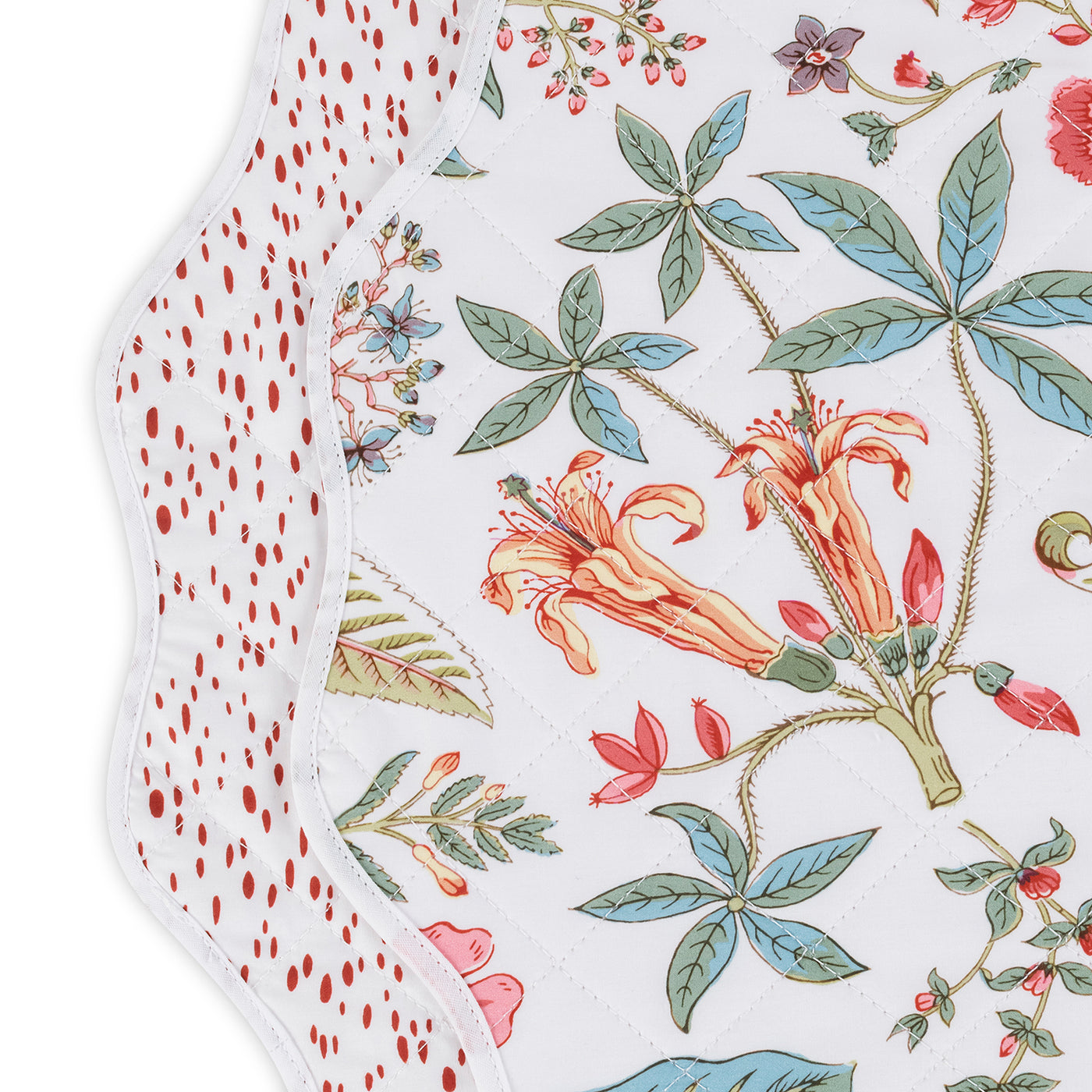 Close-up of the Quilted Reversible Placemat Set by Matouk, featuring scalloped edges, a botanical floral print on one side, and a red dotted pattern on the other—ideal for adding charm to your dining table decor.