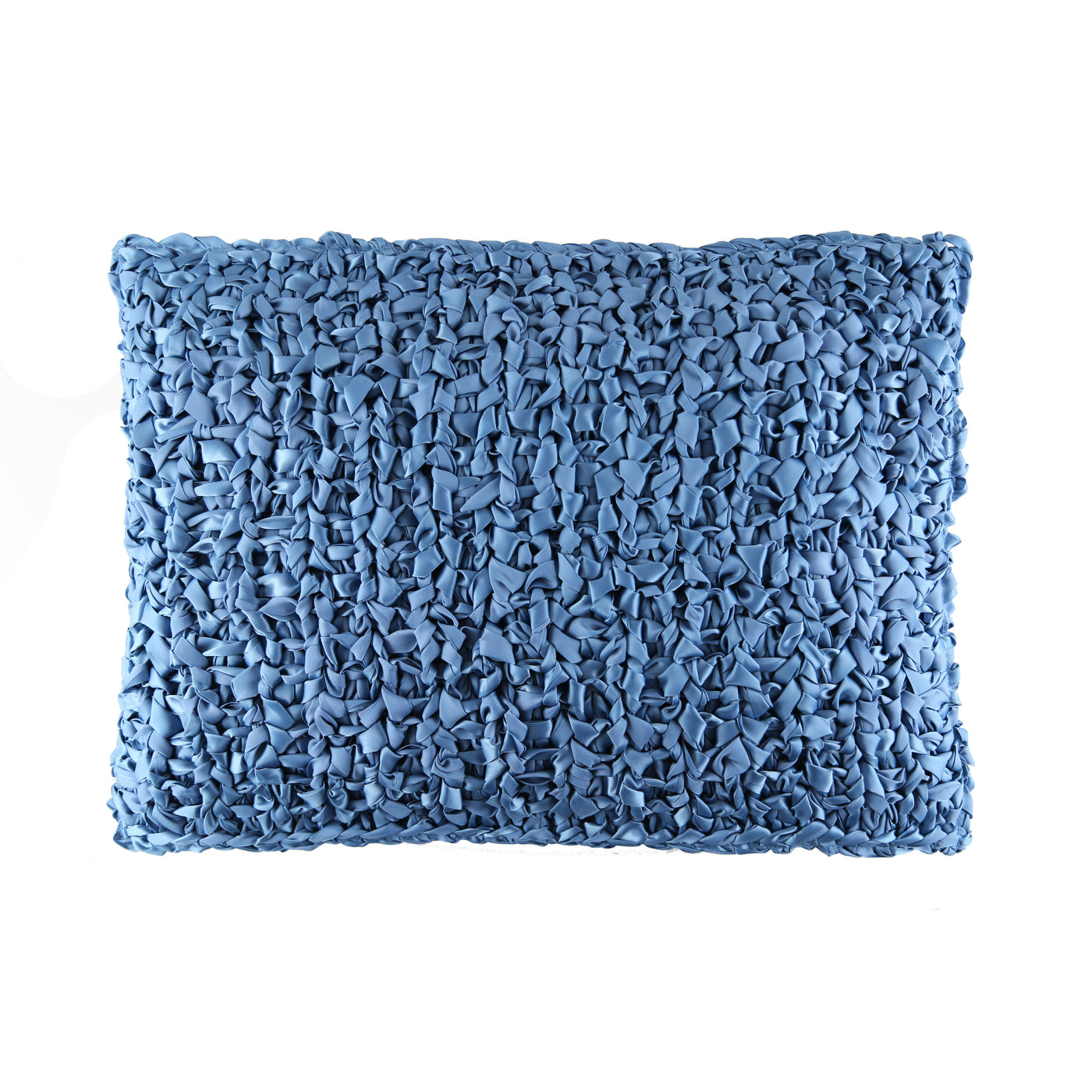 Ann Gish Ribbon Knit Pillow in slate blue, close-up showing textured woven ribbon surface.