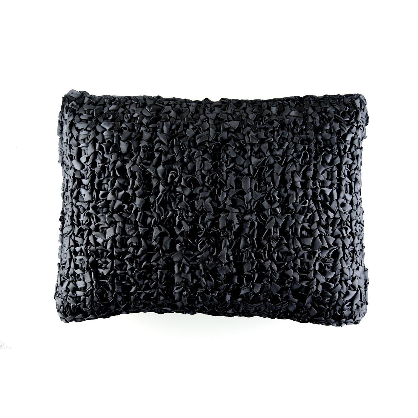 Ann Gish Ribbon Knit pillow in black, textured woven ribbon surface, rectangular.