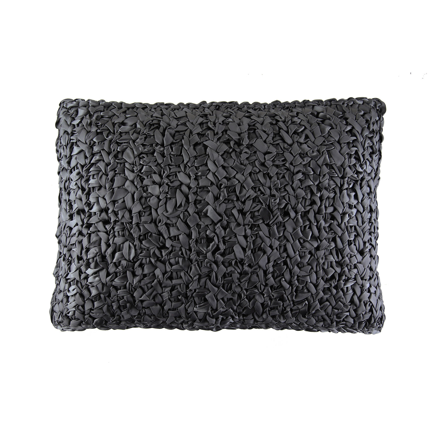 Ann Gish Ribbon Knit pillow in charcoal, close-up of textured woven ribbon surface.