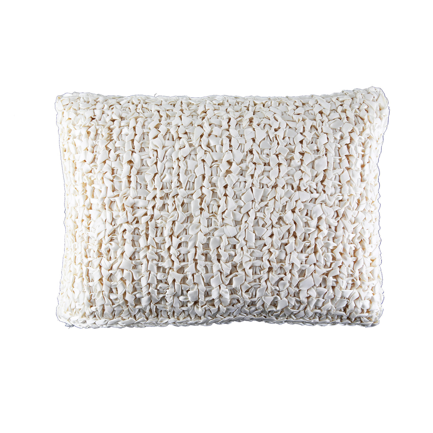 Ann Gish Ribbon Knit Pillow in ivory, close-up showing chunky open-weave ribbon texture.