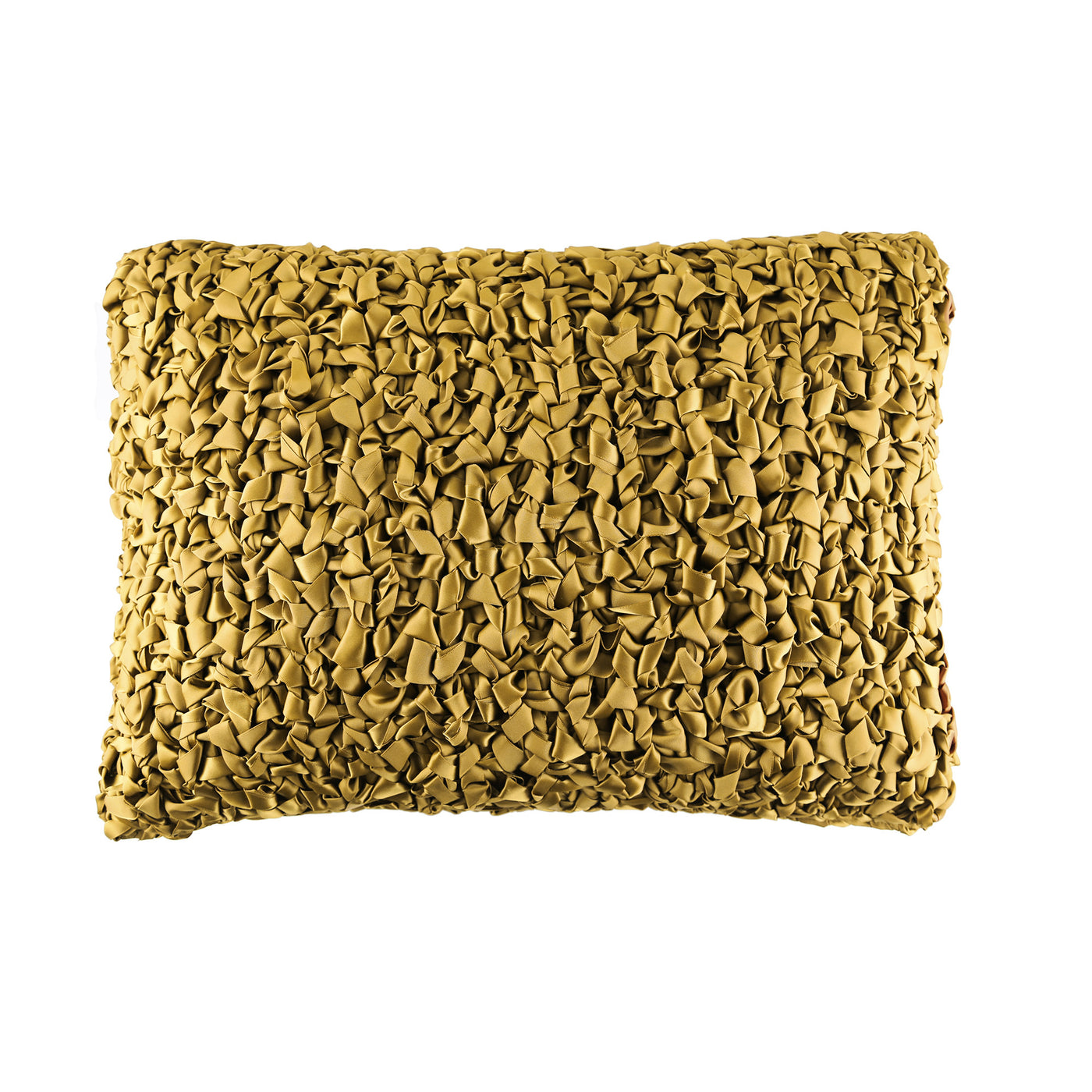Ann Gish Ribbon Knit pillow in gold, close-up of textured ruffled ribbon surface.