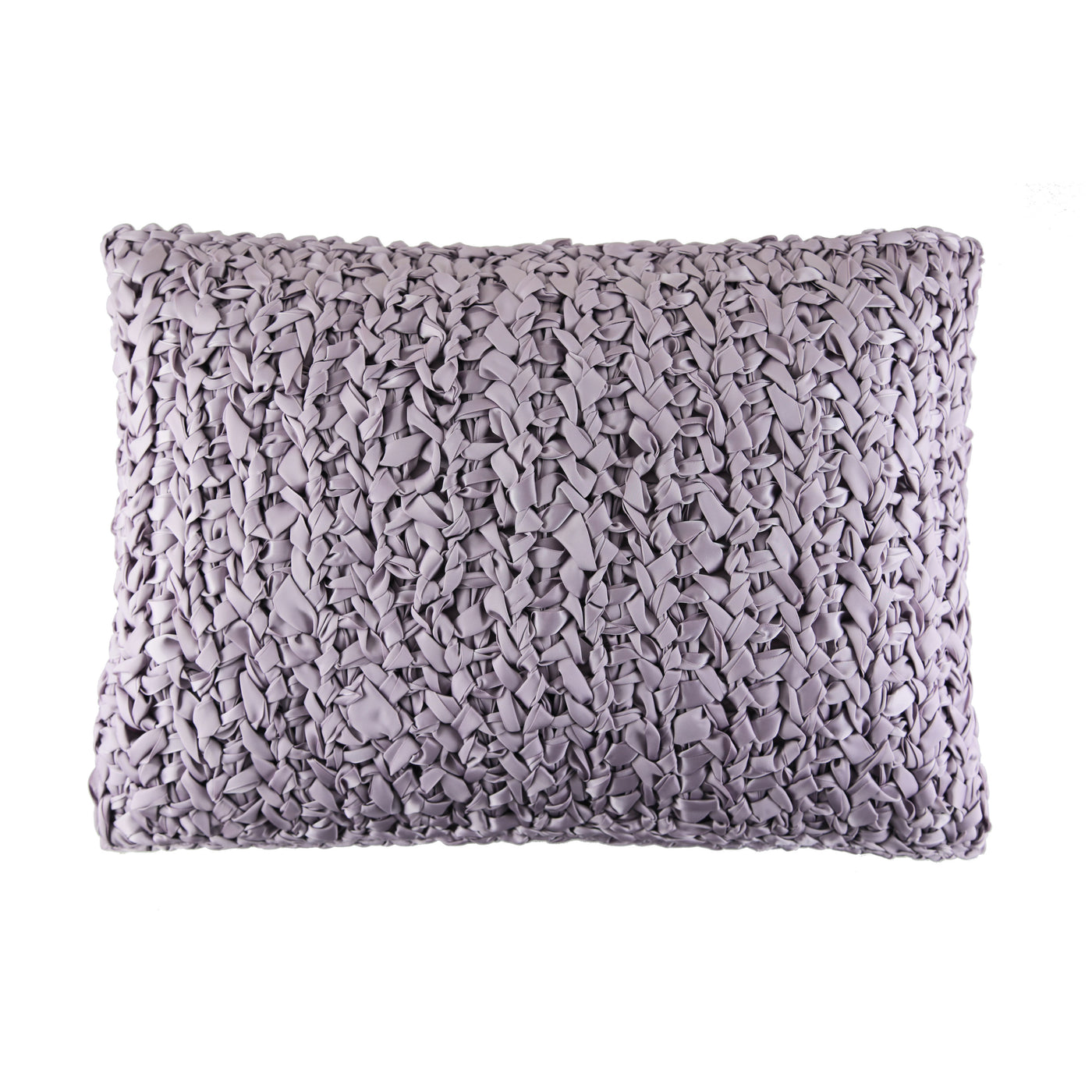 Ann Gish Ribbon Knit Pillow in lavender grey, close-up of textured woven ribbon surface.