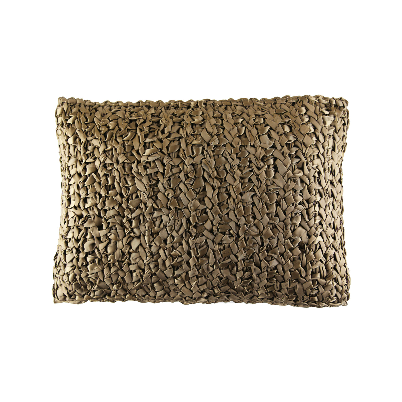 Close-up of Ann Gish Ribbon Knit pillow in bronze woven ribbon texture, lumbar shape.