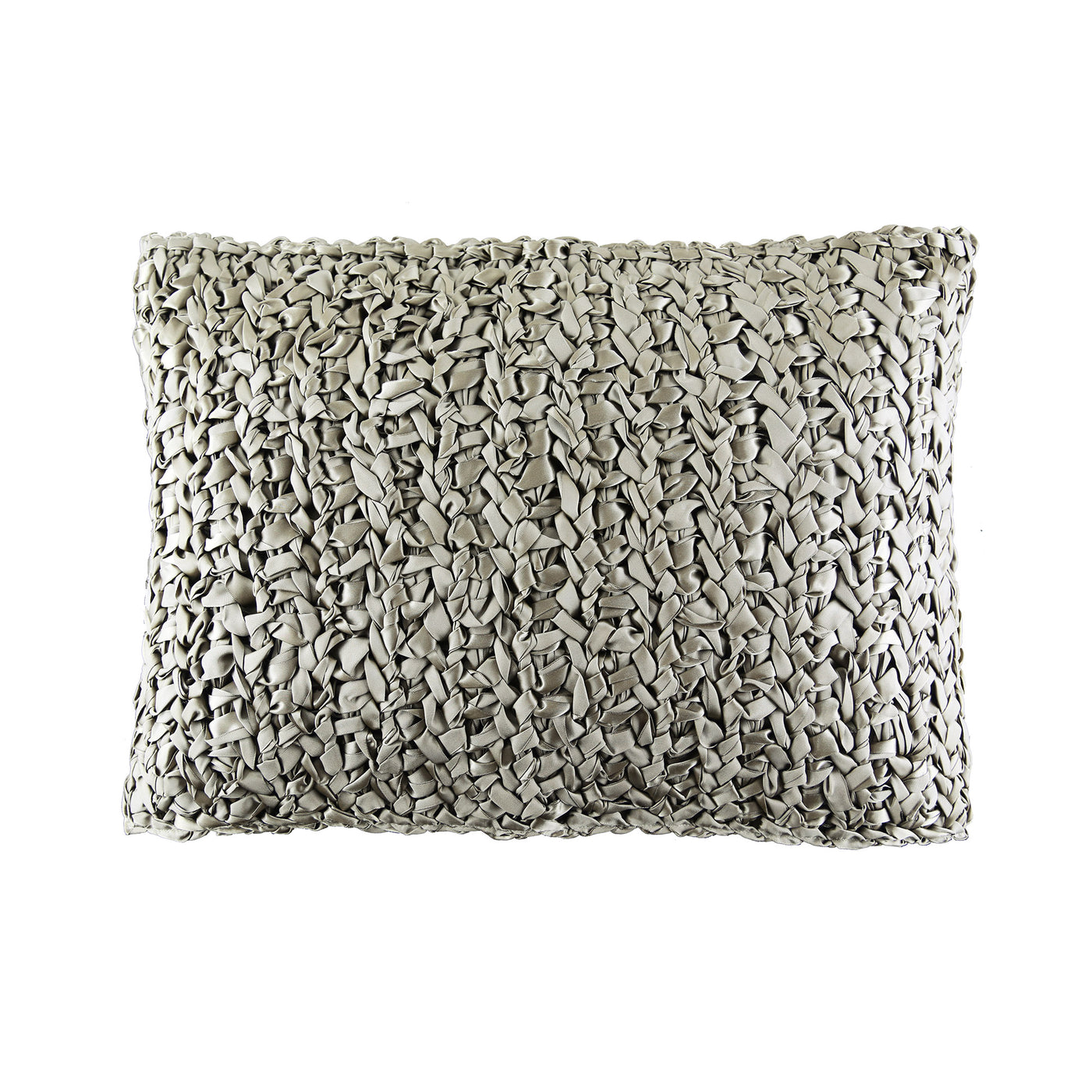 Ann Gish Ribbon Knit pillow in silver, close-up showing woven ribbon texture on white background.