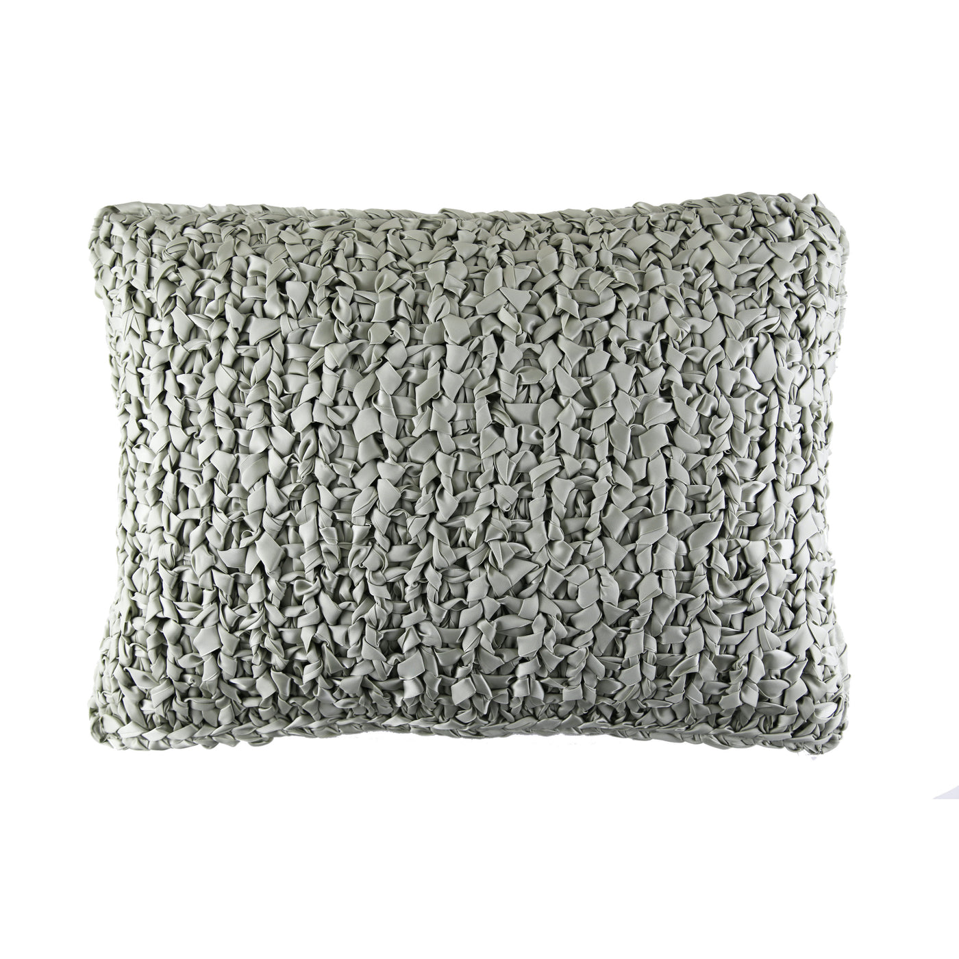 Close-up of Ann Gish Ribbon Knit pillow in sage, showing textured woven ribbon detail.