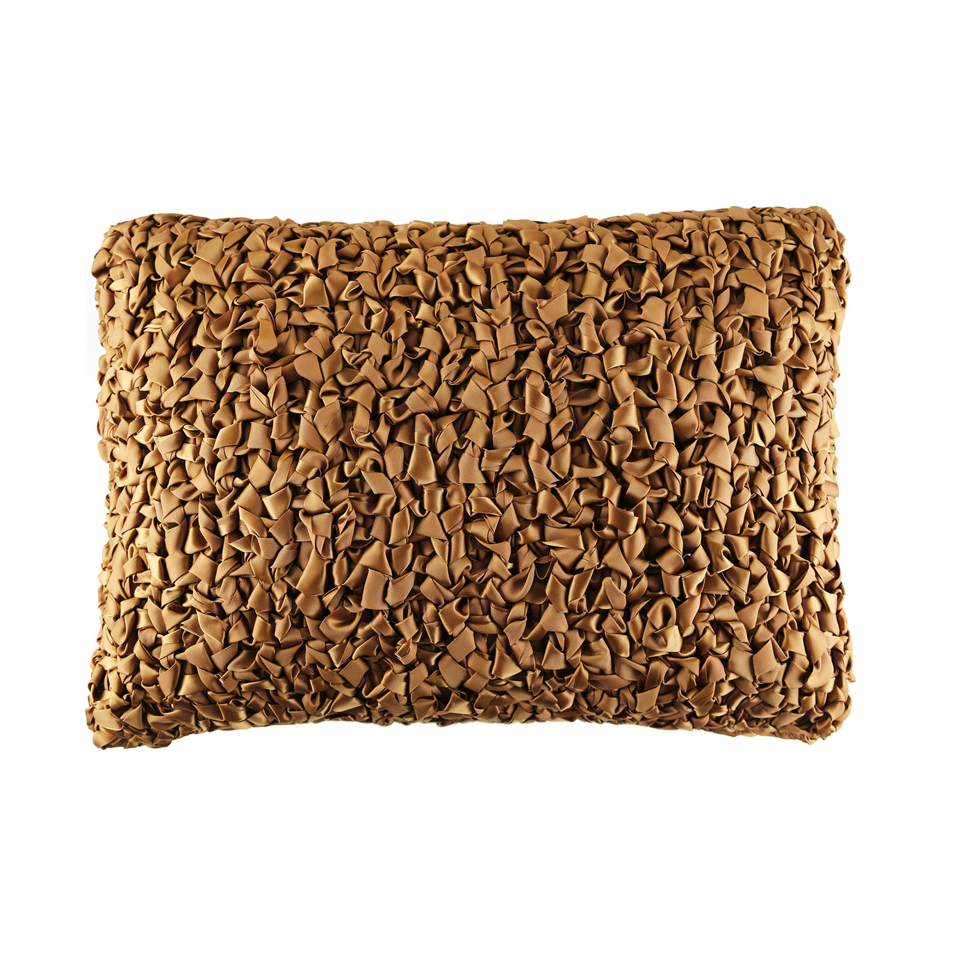 Ann Gish Ribbon Knit Pillow in caramel, close-up of ruffled ribbon texture across full face.