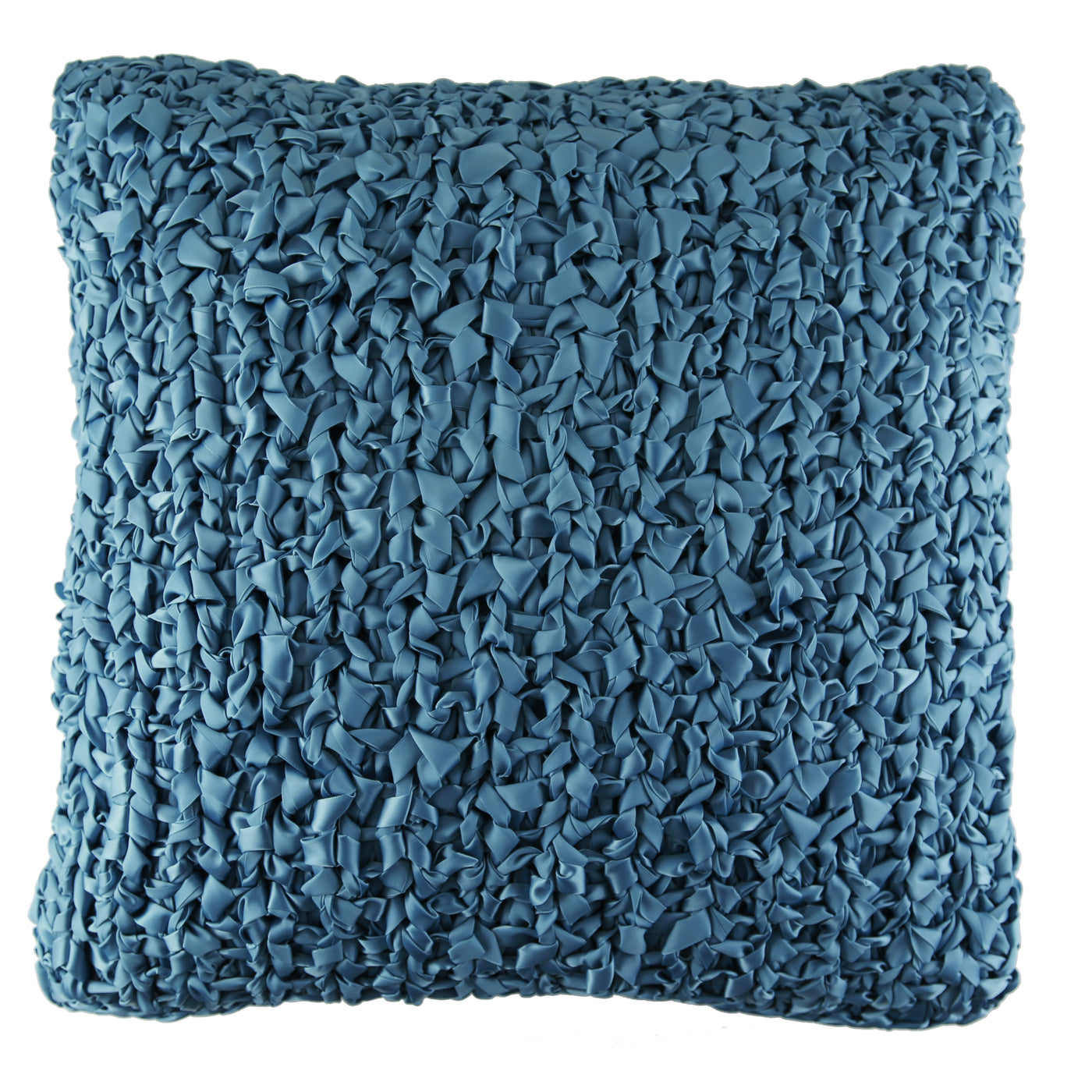 Ann Gish Ribbon Knit pillow in teal, close-up showing ruched ribbon texture.