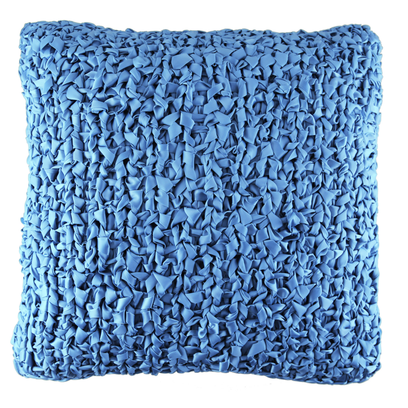 Ann Gish Ribbon Knit Pillow in cornflower blue, showing dense ruffled ribbon texture across full face.