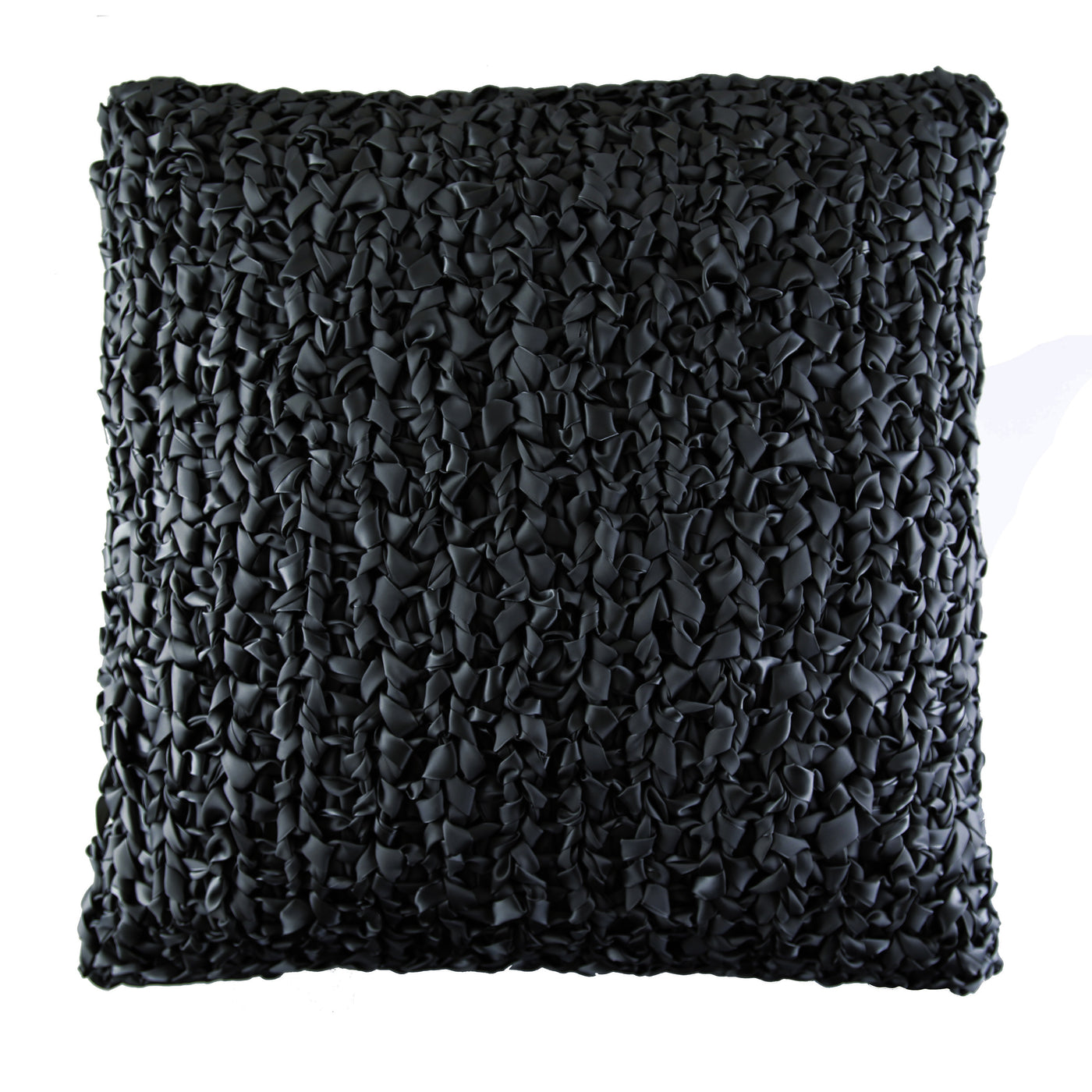 Ann Gish Ribbon Knit Pillow in black, close-up of looped ribbon texture across full face.