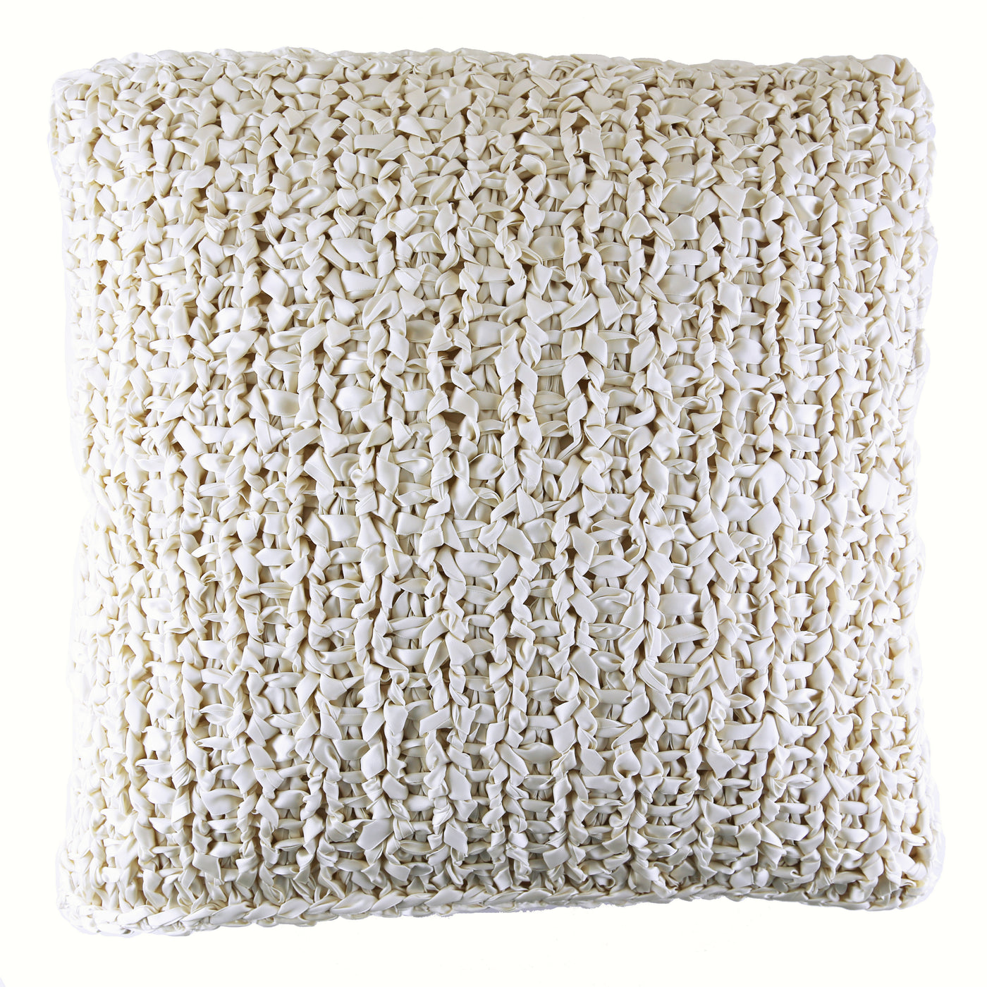Ann Gish Ribbon Knit pillow in ivory, close-up showing chunky woven ribbon texture.