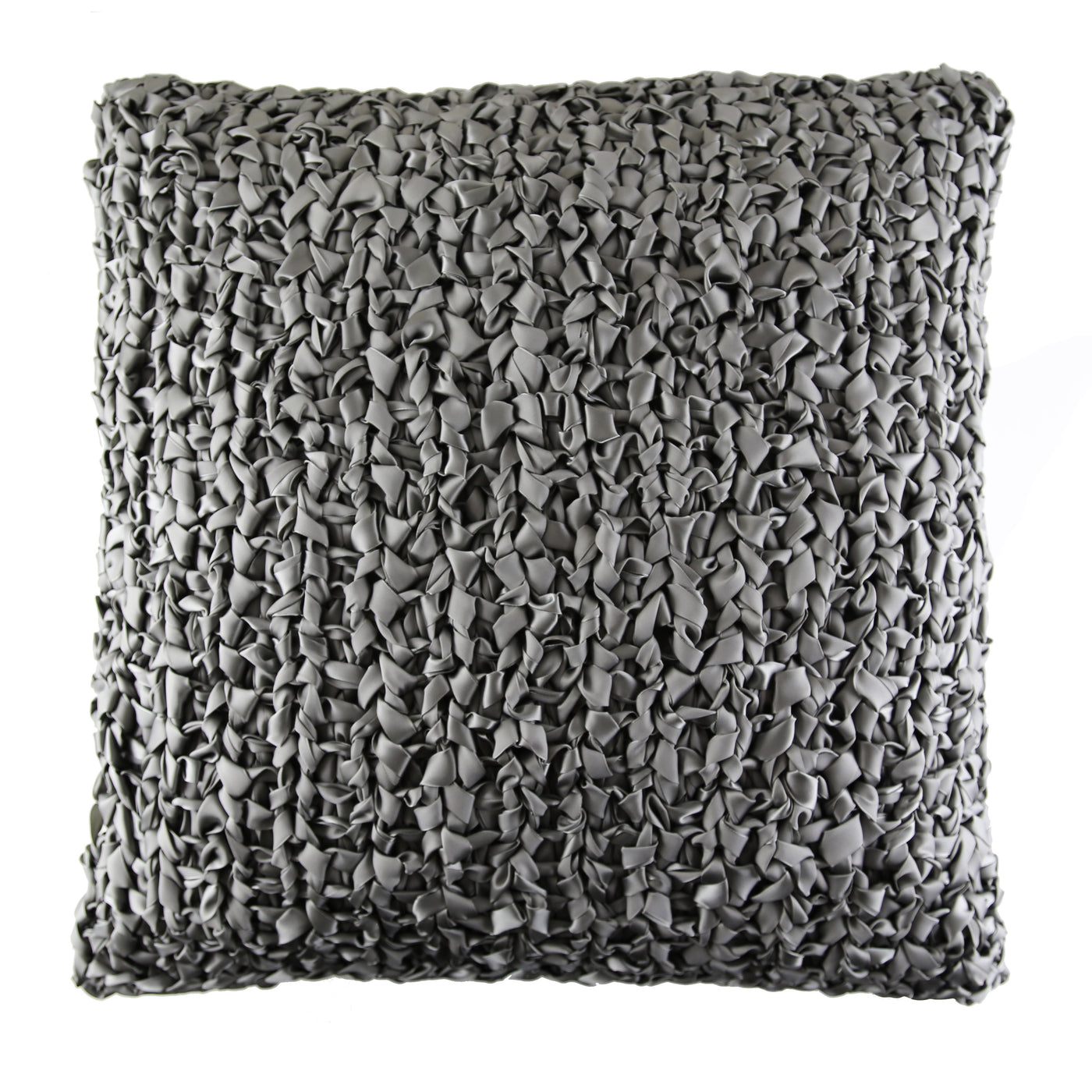 Ann Gish Ribbon Knit Pillow in charcoal, close-up showing textured looped ribbon weave surface.
