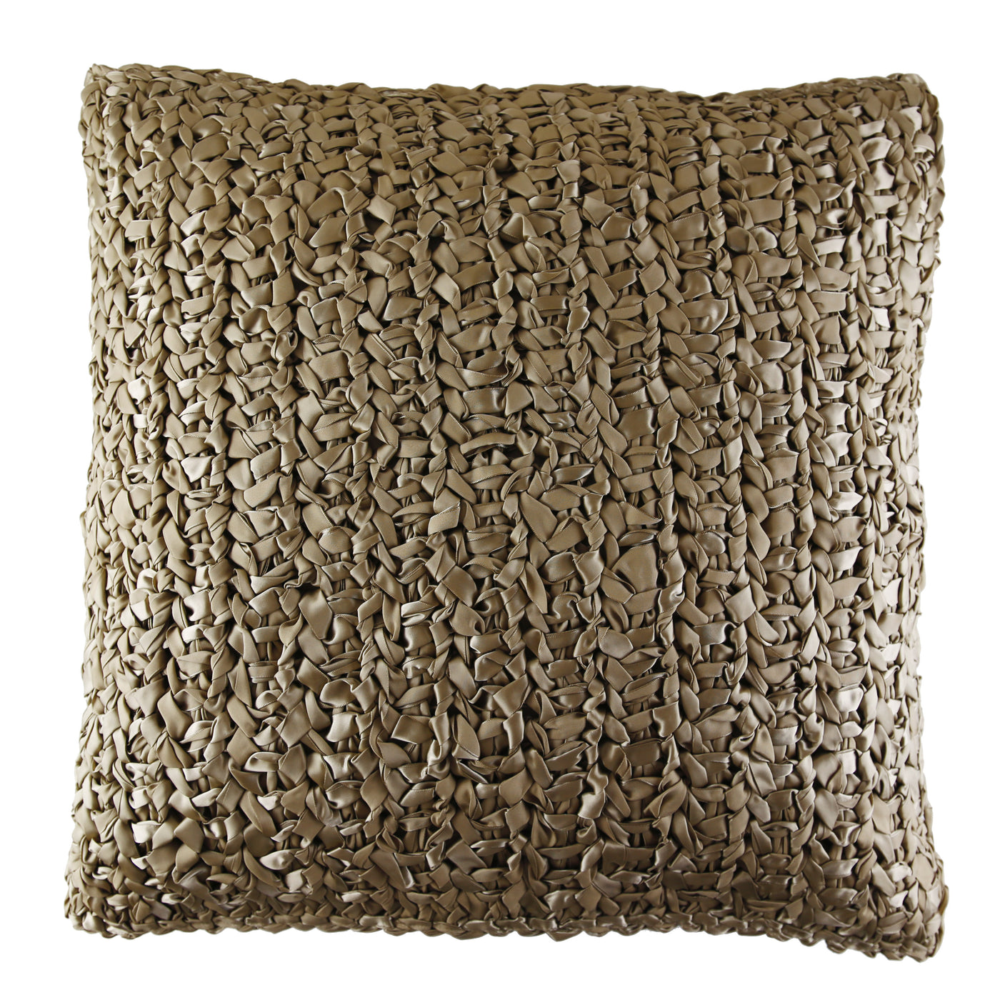 Ann Gish Ribbon Knit pillow in taupe, close-up of woven ribbon texture against white background.
