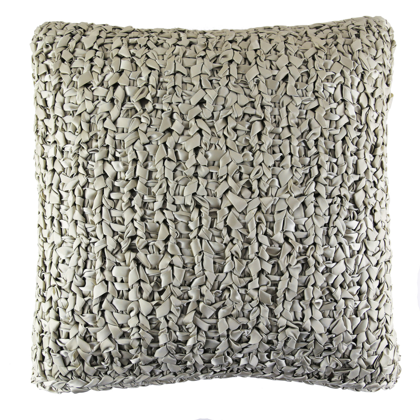 Close-up of Ann Gish Ribbon Knit Pillow in silver-grey looped ribbon weave texture.
