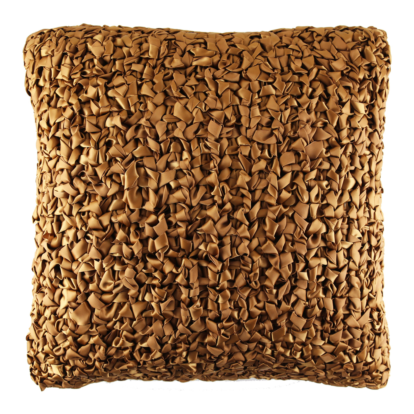 Ann Gish Ribbon Knit pillow in bronze with dense ruffled satin texture, front view.