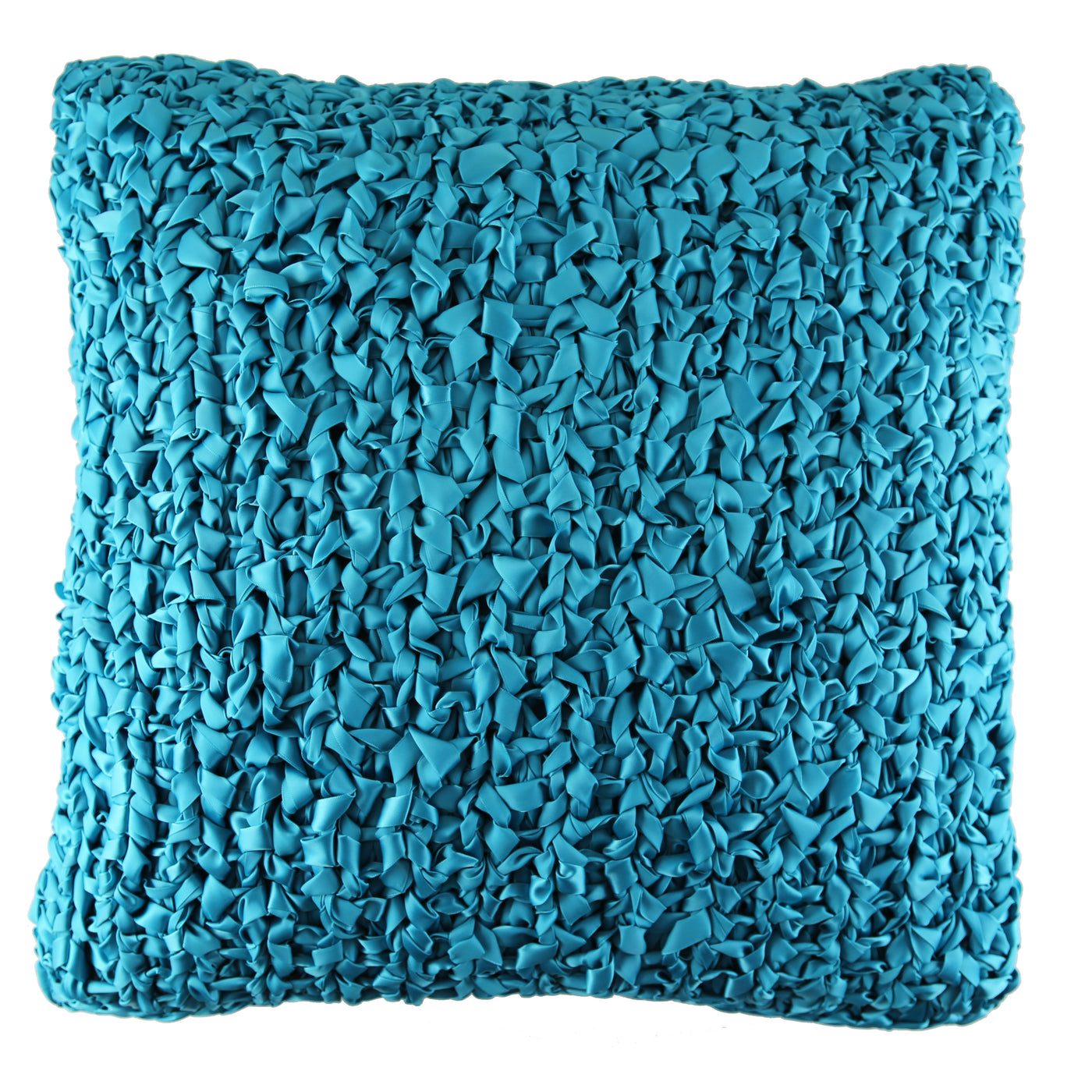 Ann Gish Ribbon Knit pillow in teal with dense ruffled ribbon texture, full front view.