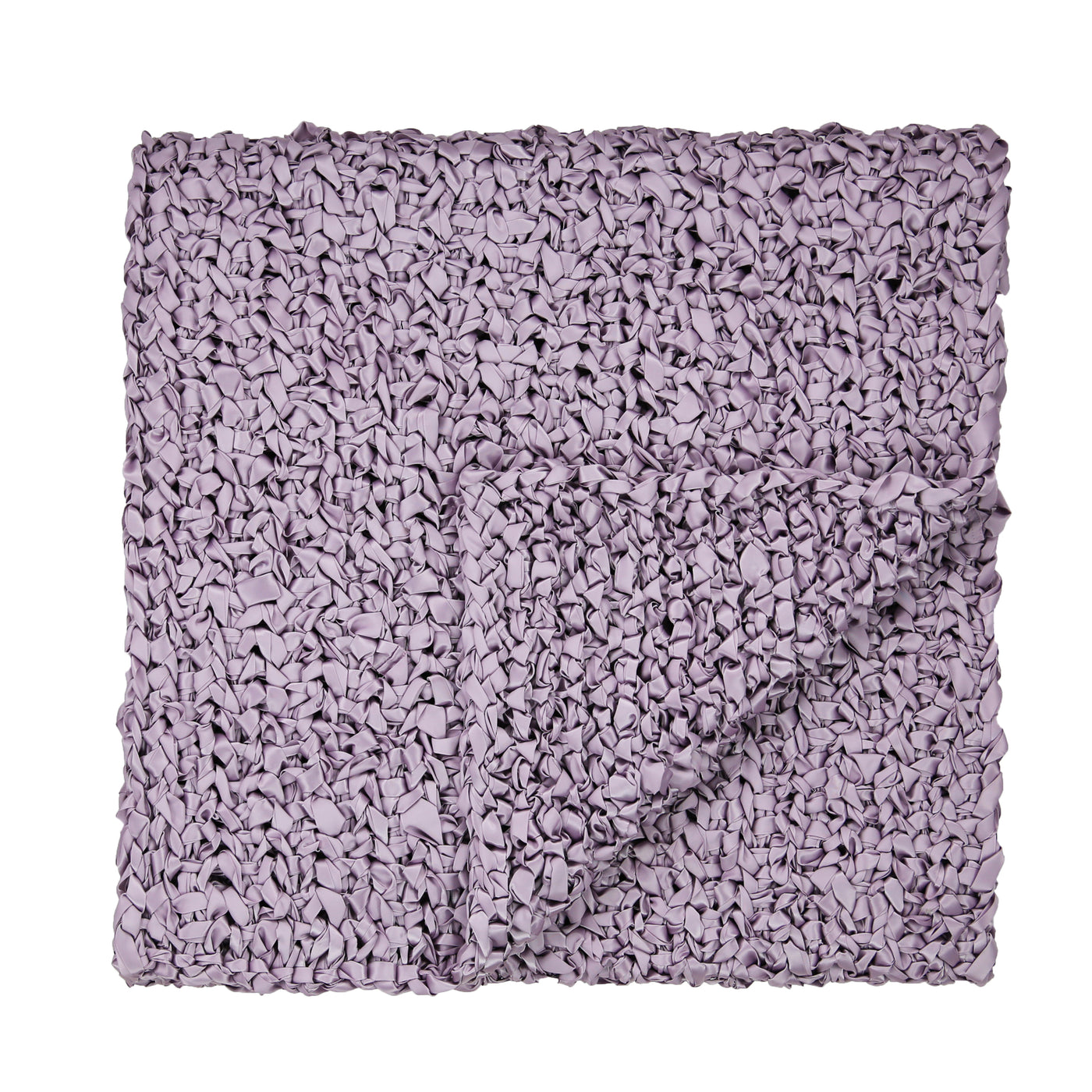 Folded lavender ribbon knit throw, showing textured knotted weave pattern from above.