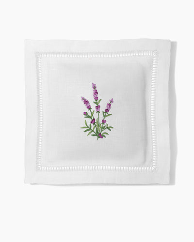 Henry Handwork white linen sachet with embroidered lavender botanical motif and hemstitch border.