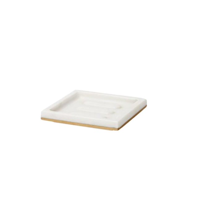 Sferra Pietra Marble soap dish in white with ribbed surface and natural stone base.