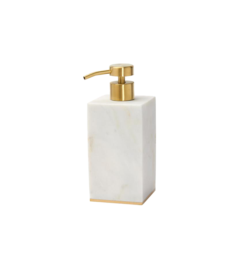 Sferra Pietra Marble soap dispenser in white marble with brushed gold pump.