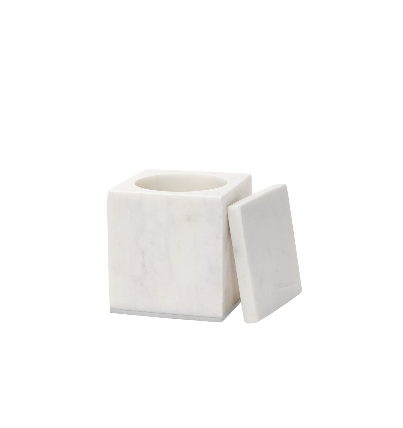 Sferra Pietra marble storage jar in ivory with square form and lid resting aside.