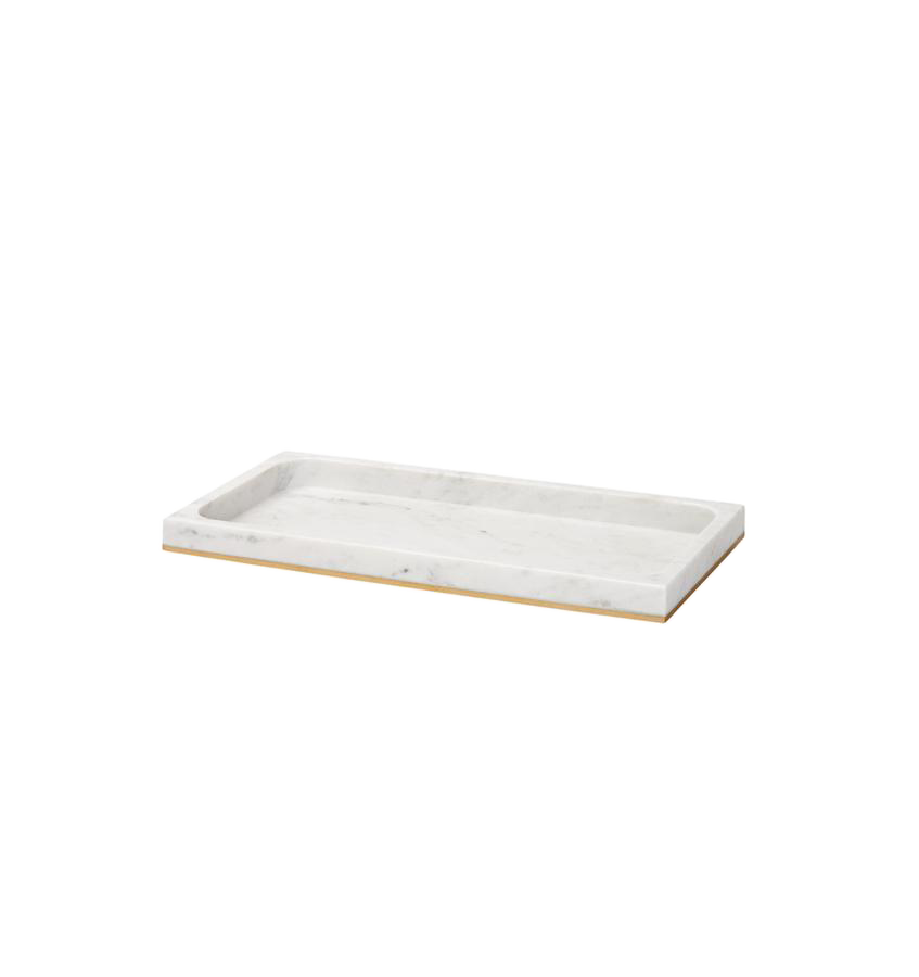 Sferra Pietra Marble storage tray in white with gold trim edge.