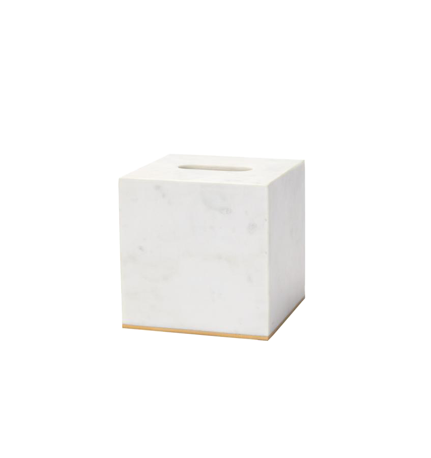 Sferra Pietra Marble tissue holder in white marble with gold base trim.