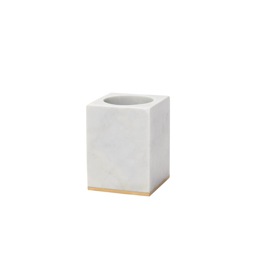 Sferra Pietra Marble toothbrush holder in white marble with gold base trim.