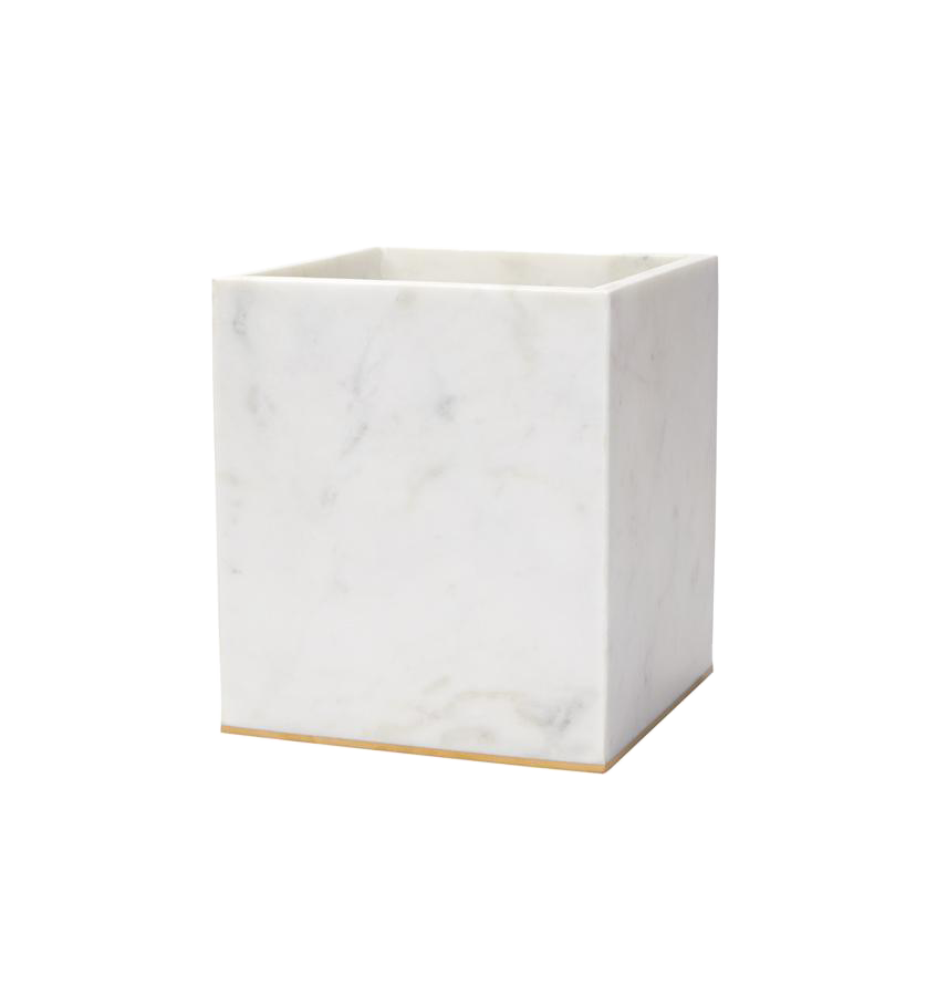 Sferra Pietra Marble waste basket in white with grey veining and gold base trim.