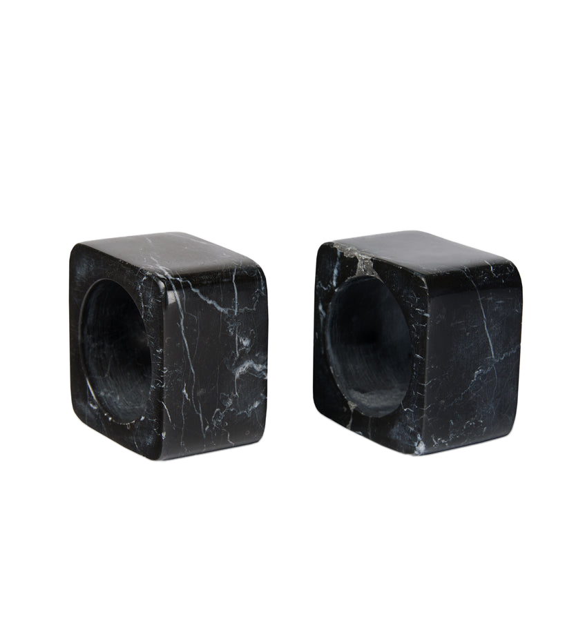 Sferra Quadrato black marble napkin rings, set of two, cube form with round opening.