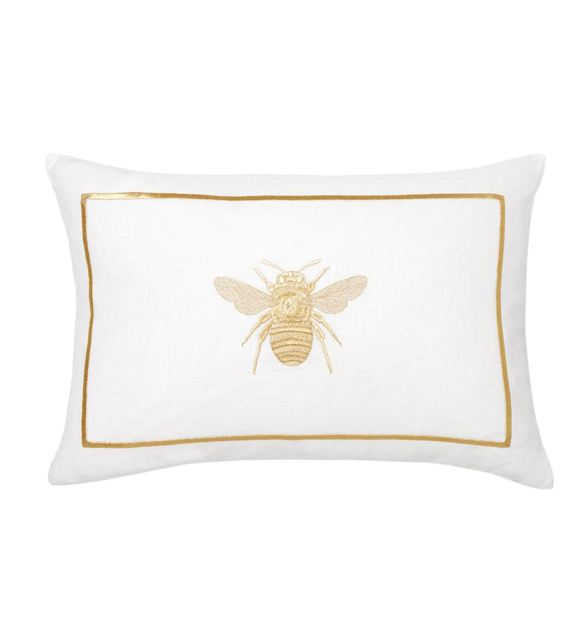 Sferra Ronzio decorative pillow in white with gold embroidered bee and border.
