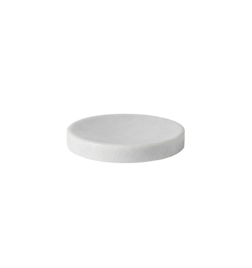 Sferra Velina Marble soap dish in white marble, round, flat profile.