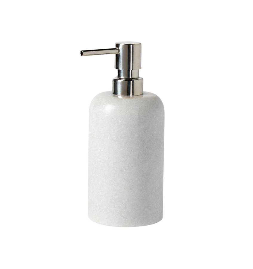 Close-up of Sferra Velina Marble soap dispenser with polished silver pump on white background.