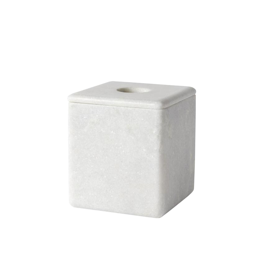 Sferra Velina square marble tissue holder in ivory with lidded top opening.