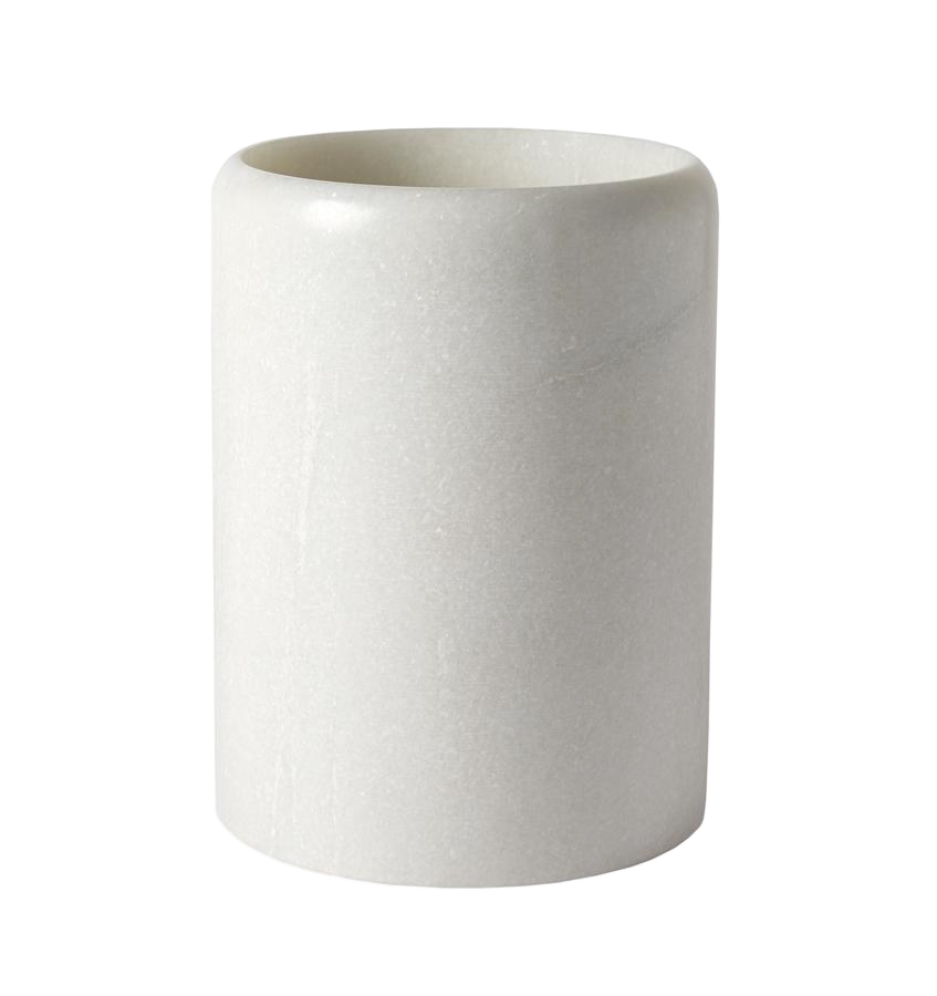 Sferra Velina cylindrical marble tumbler cup in ivory with matte speckled finish.