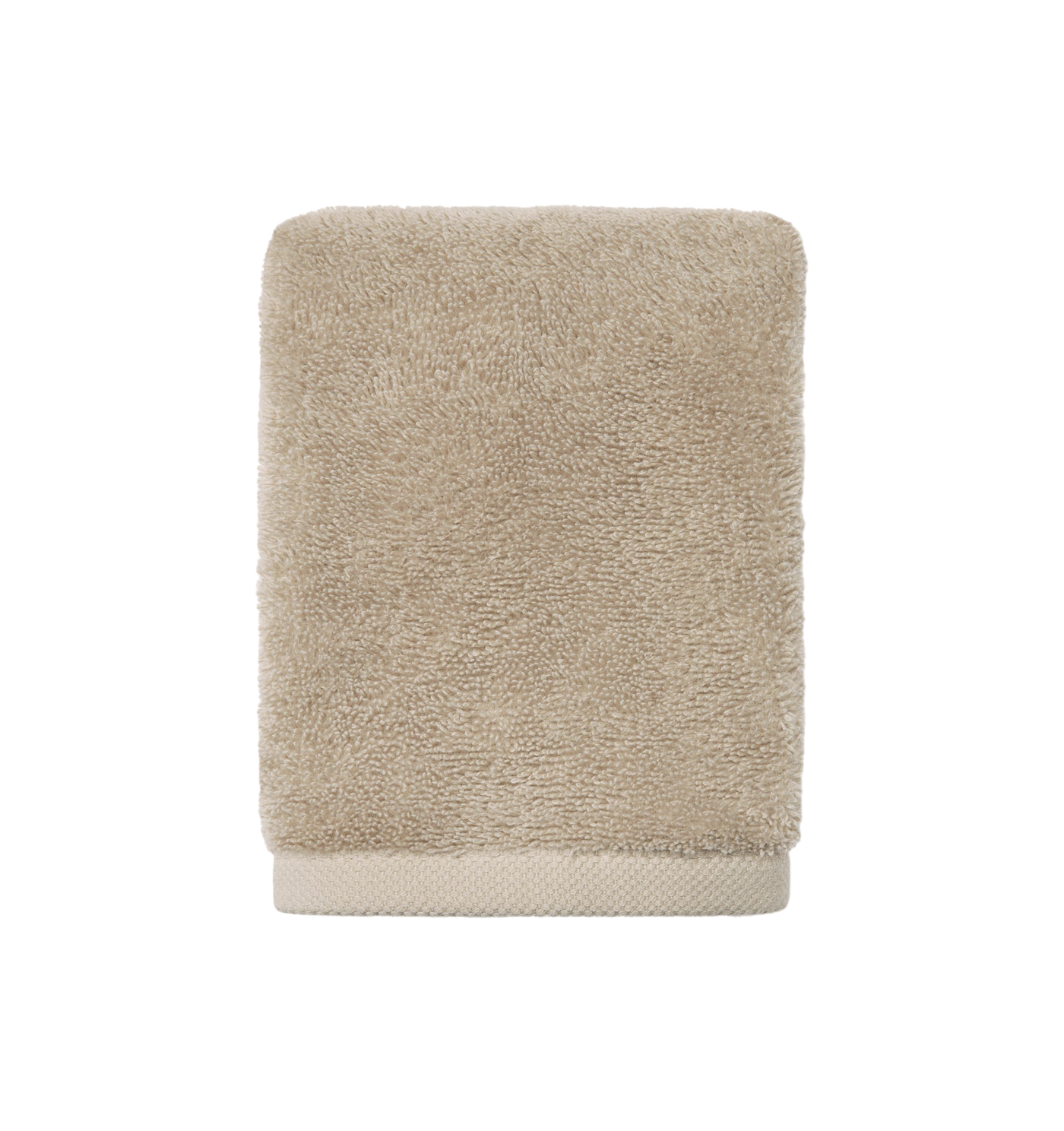 Sferra Sarma washcloth in sand, folded, thick terry cotton with woven border.